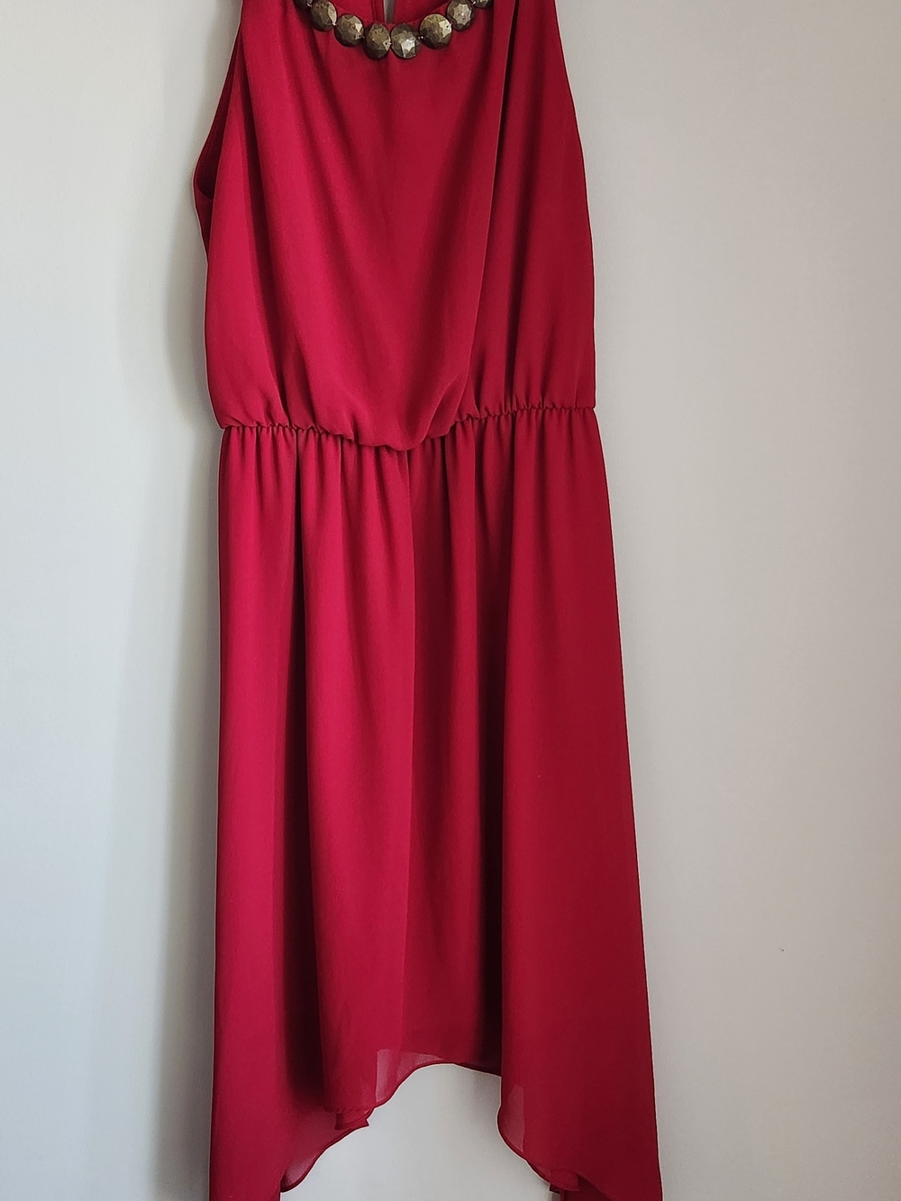 le chateau Red High-Low Beaded Neckline Dress